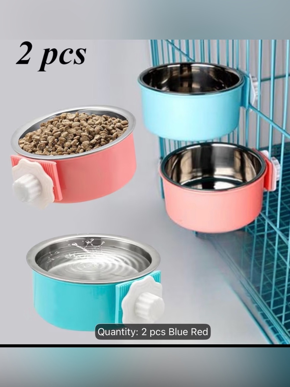 🥳 2 for $15 🥳 2 Small Pet Stainless Steel Clip-On Pink/Blue Food and Water Bowls